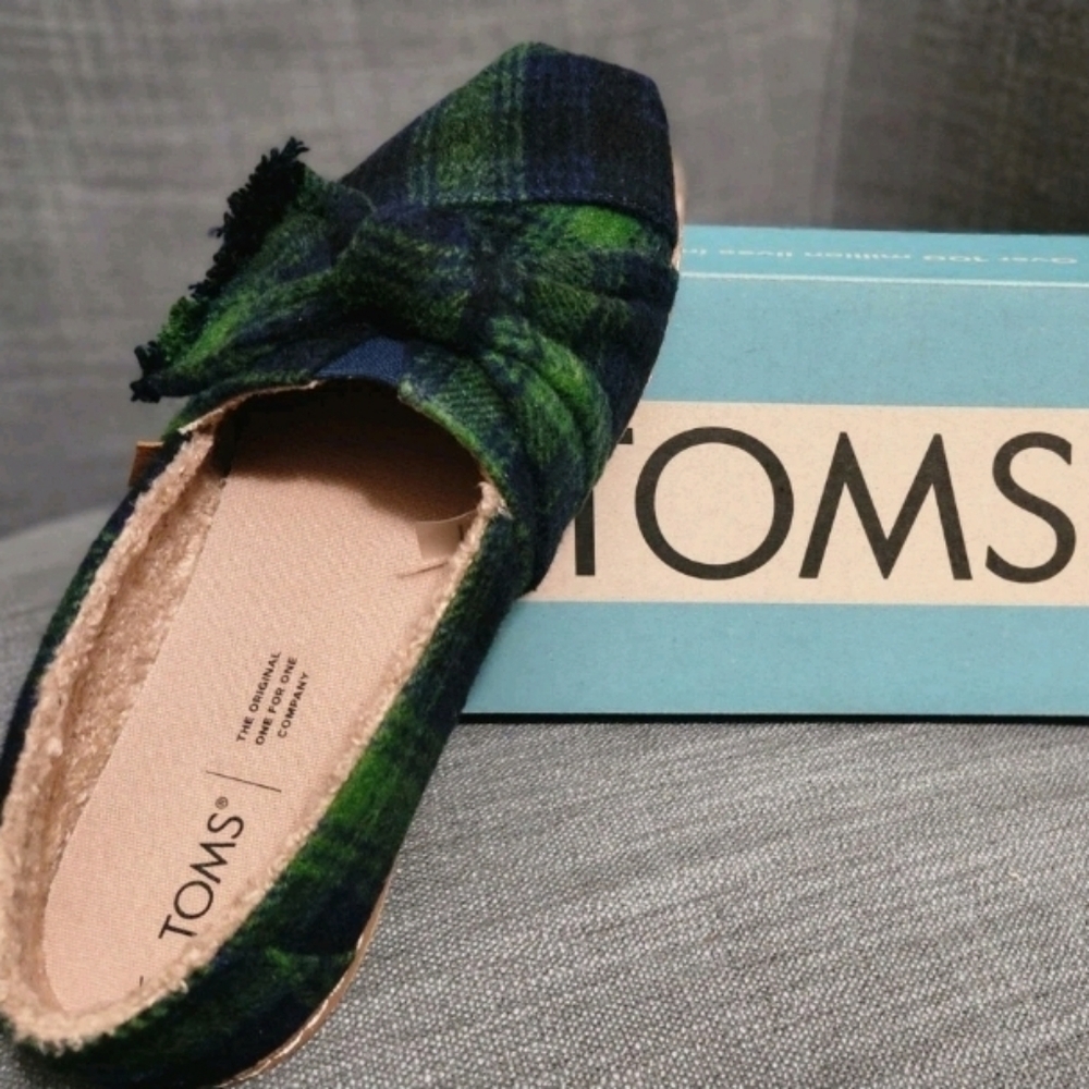 TOMS Green and Blue Plaid Flats
